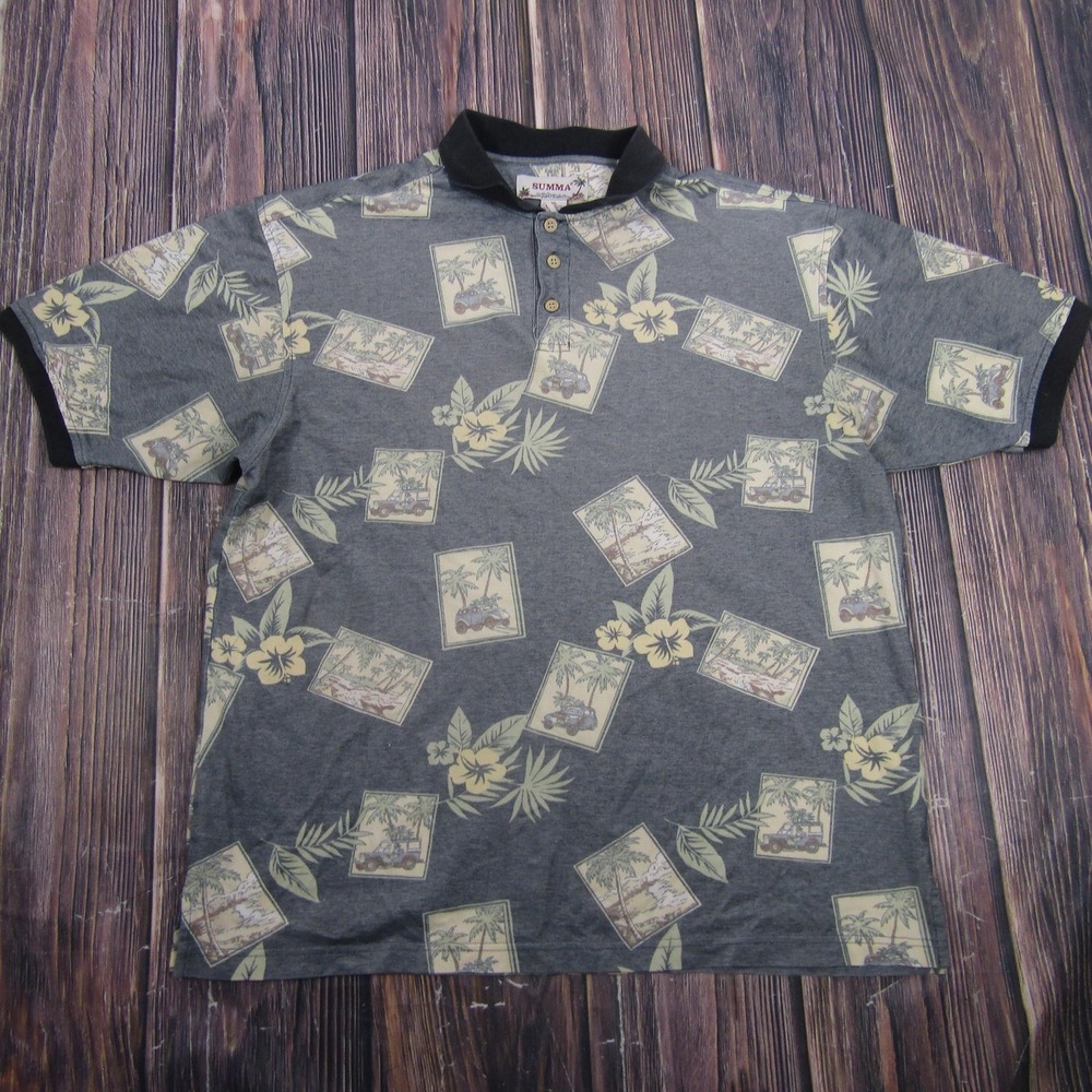 Summa Polo Shirt Mens XL Gray Hawaiian Tropical Graphic Beach All‎ Over